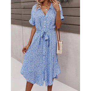 Short Sleeve Floral Midi Shirt Dress